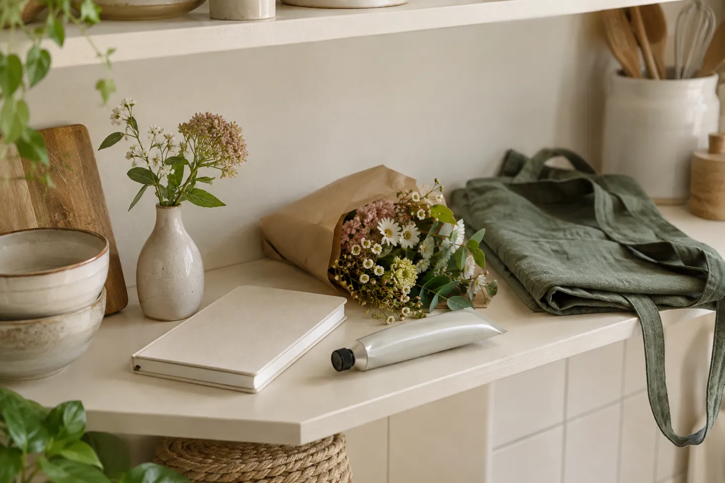 An arrangement of modest gifts including a vase, notebook, and flowers