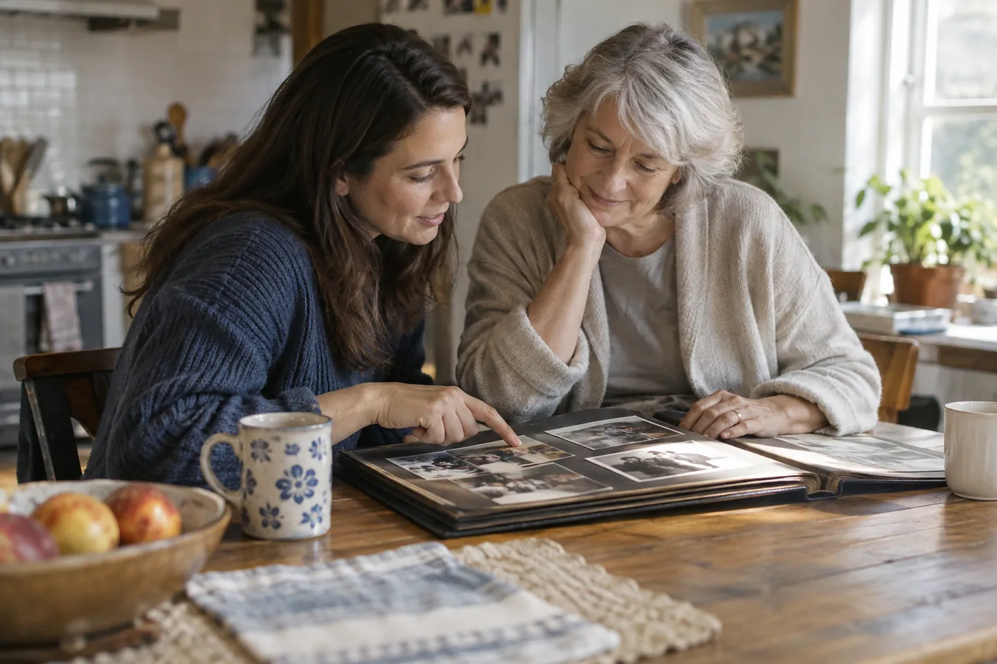 Two generations looking together at family photographs