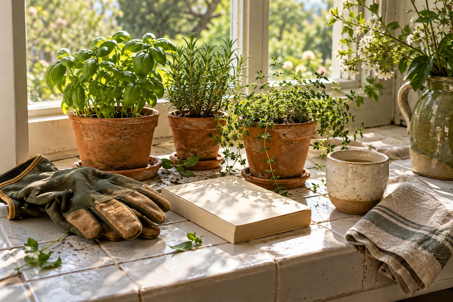 Herb seedlings and simple gardening gifts on a windowsill