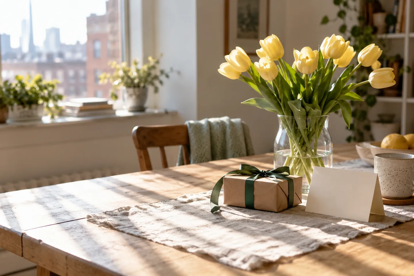 Wrapped spring gift beside tulips and a handwritten card
